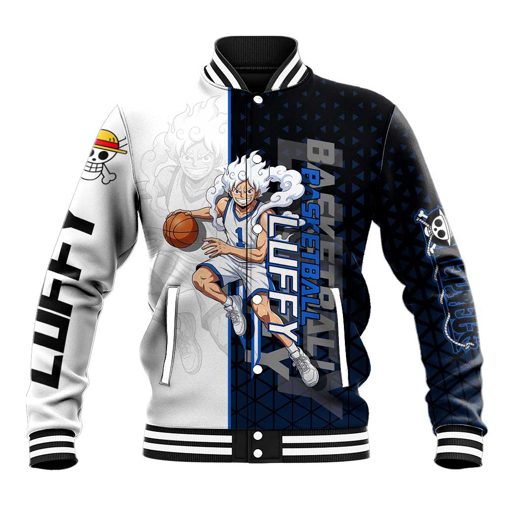 Luffy Gear 5 One Piece Basketball Theme White and Black Design Baseball Jacket with Straw Hat Emblem and Dynamic Action Pose - The Mazicc