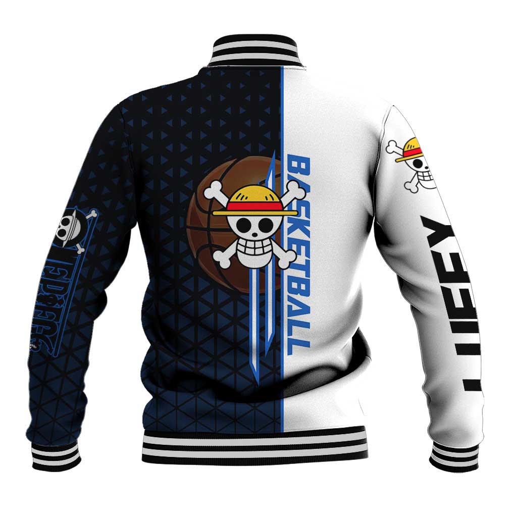 Luffy Gear 5 One Piece Basketball Theme White and Black Design Baseball Jacket with Straw Hat Emblem and Dynamic Action Pose - The Mazicc