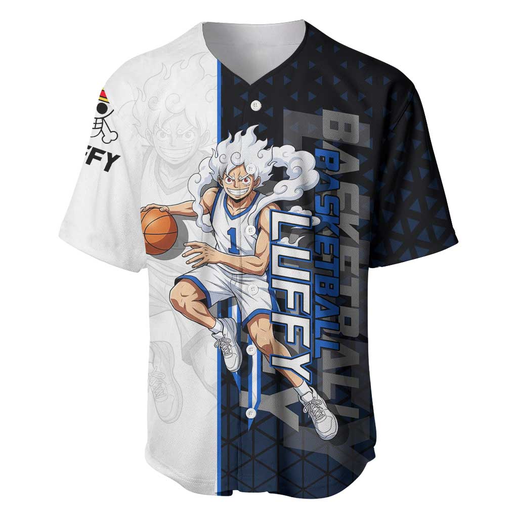 Luffy Gear 5 One Piece Basketball Theme White and Black Design Baseball Jersey with Straw Hat Emblem and Dynamic Action Pose - The Mazicc
