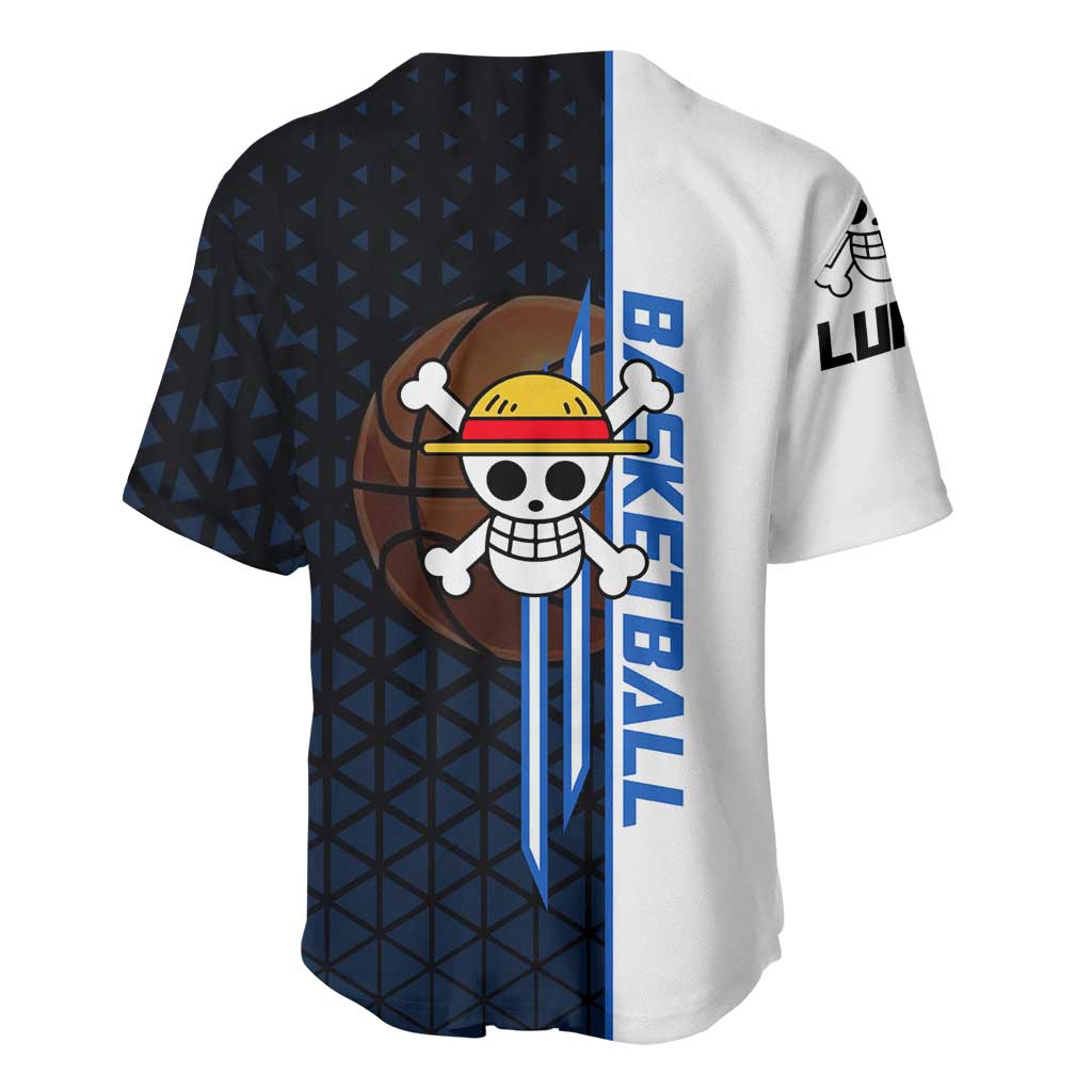 Luffy Gear 5 One Piece Basketball Theme White and Black Design Baseball Jersey with Straw Hat Emblem and Dynamic Action Pose - The Mazicc