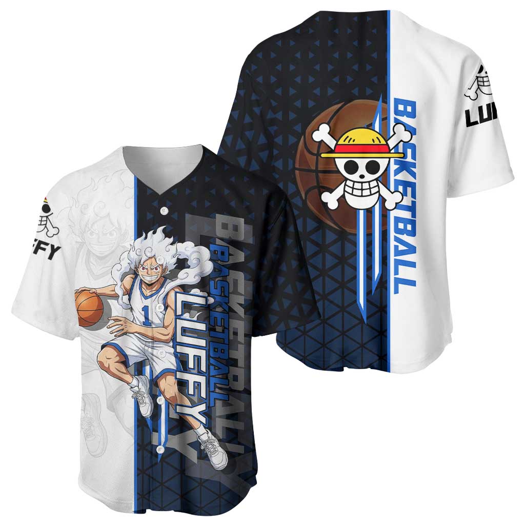 Luffy Gear 5 One Piece Basketball Theme White and Black Design Baseball Jersey with Straw Hat Emblem and Dynamic Action Pose - The Mazicc