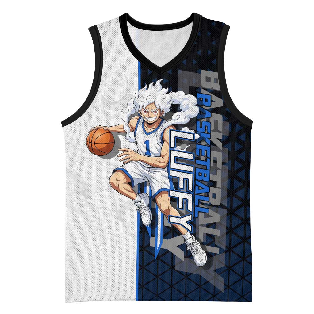Luffy Gear 5 One Piece Basketball Theme White and Black Design Basketball Jersey with Straw Hat Emblem and Dynamic Action Pose - The Mazicc