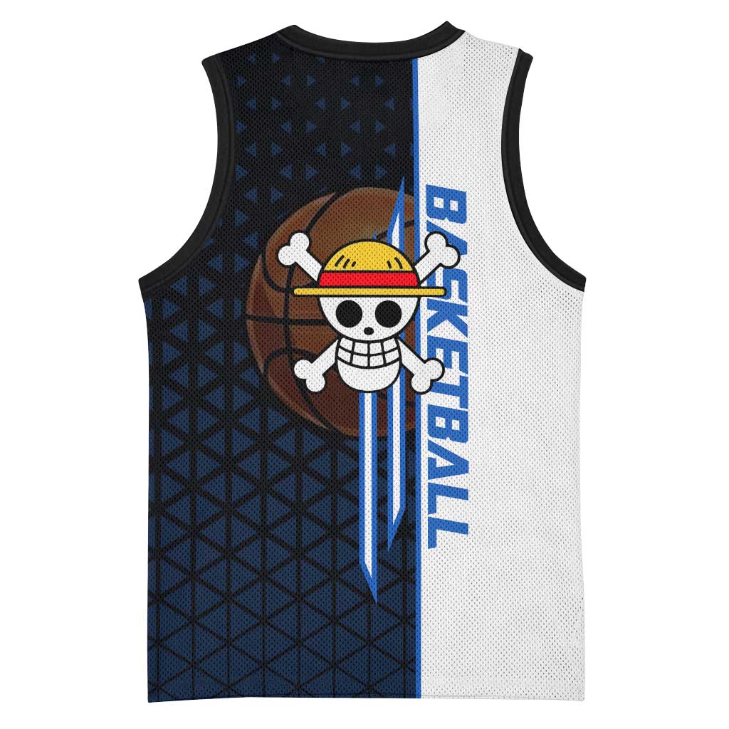 Luffy Gear 5 One Piece Basketball Theme White and Black Design Basketball Jersey with Straw Hat Emblem and Dynamic Action Pose - The Mazicc