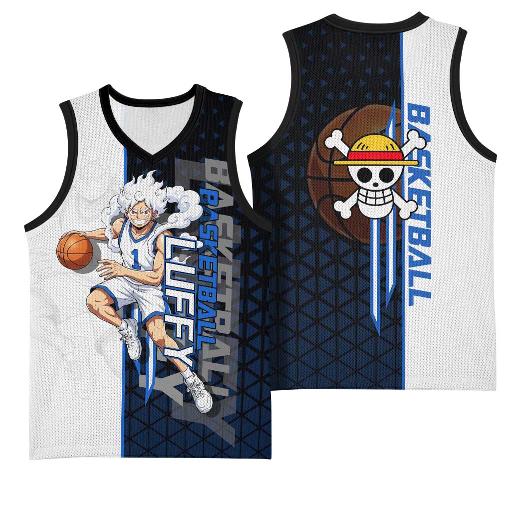 Luffy Gear 5 One Piece Basketball Theme White and Black Design Basketball Jersey with Straw Hat Emblem and Dynamic Action Pose - The Mazicc