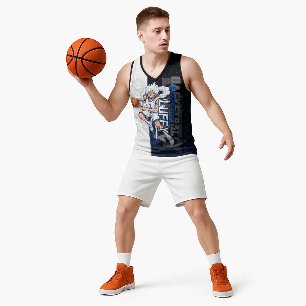 Luffy Gear 5 One Piece Basketball Theme White and Black Design Basketball Jersey with Straw Hat Emblem and Dynamic Action Pose - The Mazicc