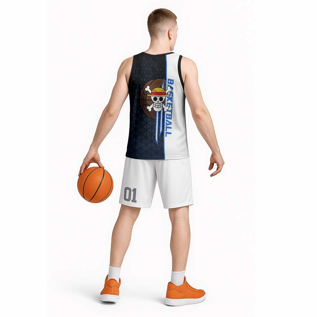 Luffy Gear 5 One Piece Basketball Theme White and Black Design Basketball Jersey with Straw Hat Emblem and Dynamic Action Pose - The Mazicc