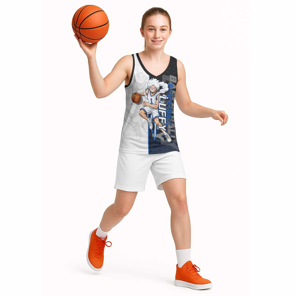 Luffy Gear 5 One Piece Basketball Theme White and Black Design Basketball Jersey with Straw Hat Emblem and Dynamic Action Pose - The Mazicc