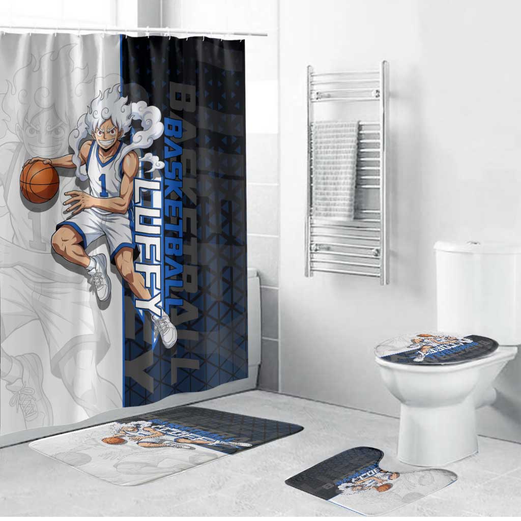 Luffy Gear 5 One Piece Basketball Theme White and Black Design Bathroom Set with Straw Hat Emblem and Dynamic Action Pose - The Mazicc