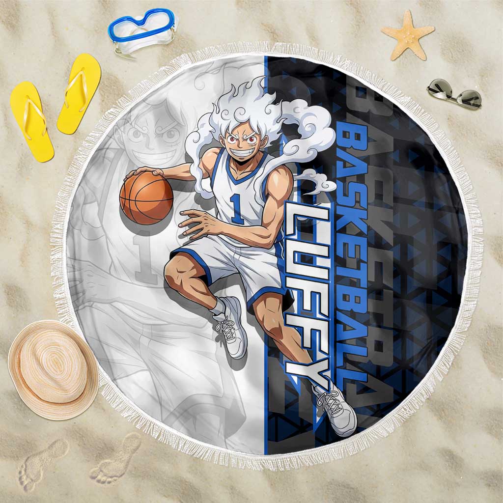 Luffy Gear 5 One Piece Basketball Theme White and Black Design Beach Blanket with Straw Hat Emblem and Dynamic Action Pose - The Mazicc