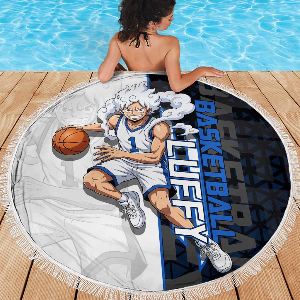 Luffy Gear 5 One Piece Basketball Theme White and Black Design Beach Blanket with Straw Hat Emblem and Dynamic Action Pose - The Mazicc