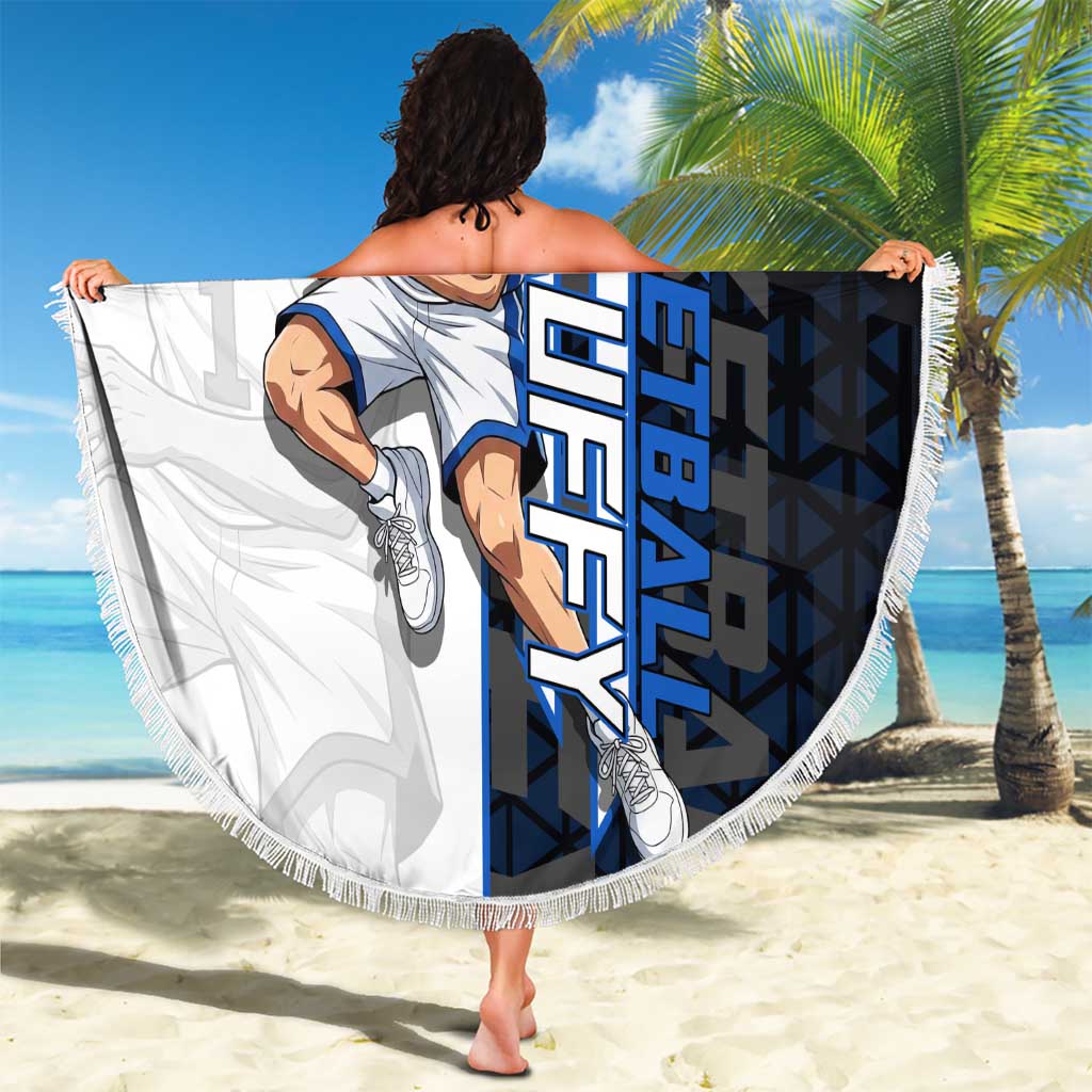 Luffy Gear 5 One Piece Basketball Theme White and Black Design Beach Blanket with Straw Hat Emblem and Dynamic Action Pose - The Mazicc