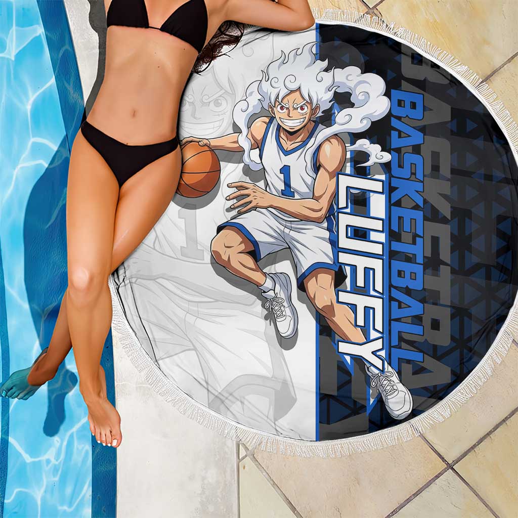 Luffy Gear 5 One Piece Basketball Theme White and Black Design Beach Blanket with Straw Hat Emblem and Dynamic Action Pose - The Mazicc