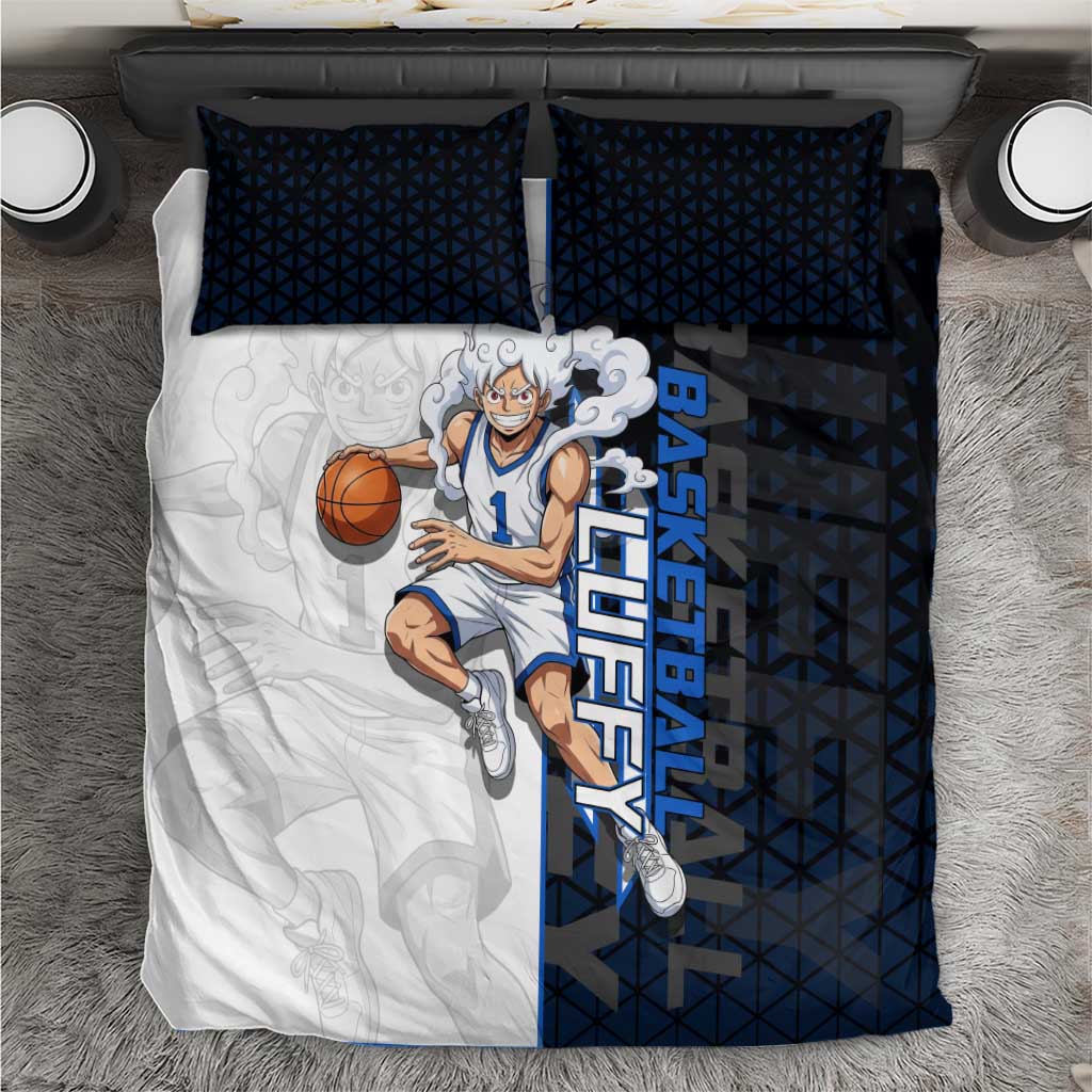 Luffy Gear 5 One Piece Basketball Theme White and Black Design Bedding Set with Straw Hat Emblem and Dynamic Action Pose - The Mazicc