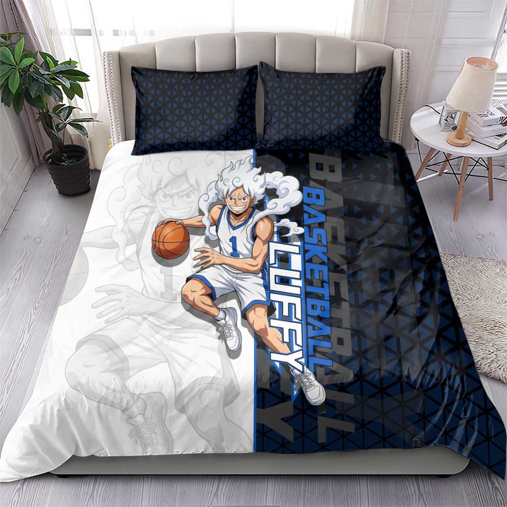 Luffy Gear 5 One Piece Basketball Theme White and Black Design Bedding Set with Straw Hat Emblem and Dynamic Action Pose - The Mazicc