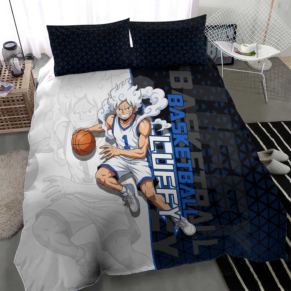 Luffy Gear 5 One Piece Basketball Theme White and Black Design Bedding Set with Straw Hat Emblem and Dynamic Action Pose - The Mazicc