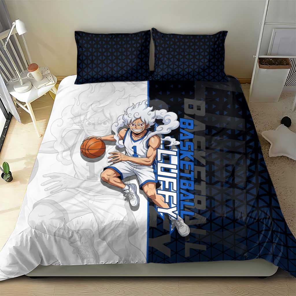 Luffy Gear 5 One Piece Basketball Theme White and Black Design Bedding Set with Straw Hat Emblem and Dynamic Action Pose - The Mazicc