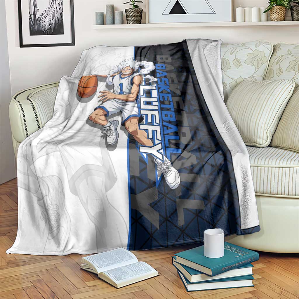 Luffy Gear 5 One Piece Basketball Theme White and Black Design Blanket with Straw Hat Emblem and Dynamic Action Pose - The Mazicc