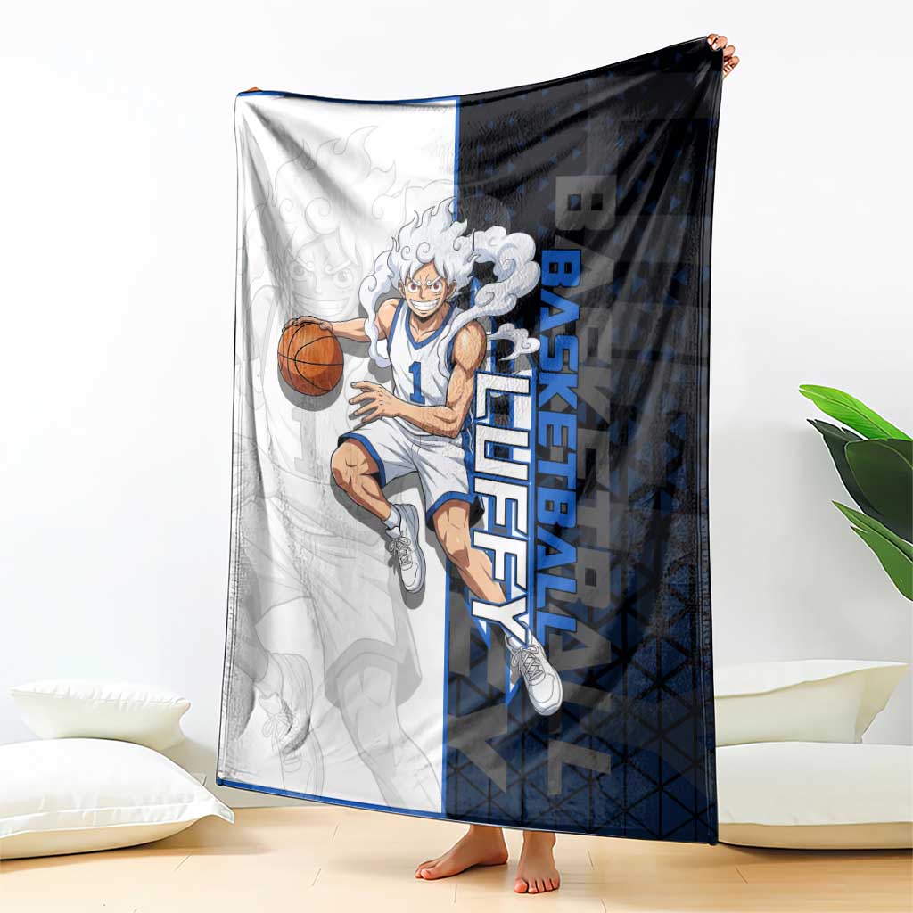 Luffy Gear 5 One Piece Basketball Theme White and Black Design Blanket with Straw Hat Emblem and Dynamic Action Pose - The Mazicc