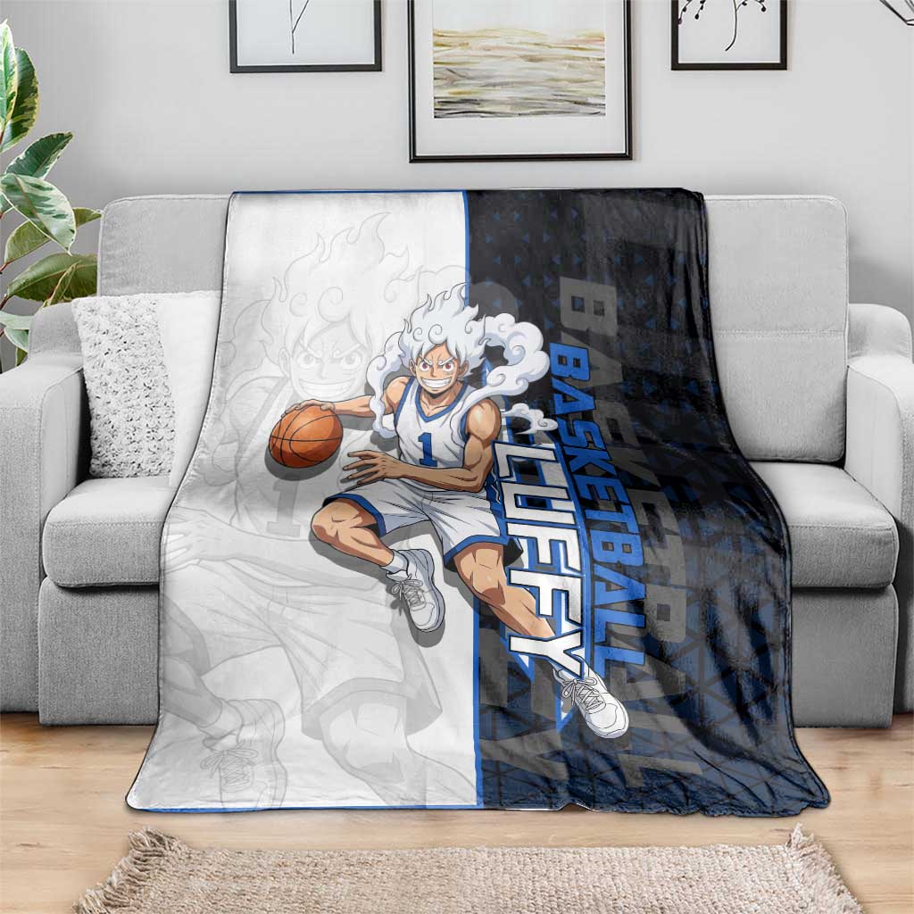 Luffy Gear 5 One Piece Basketball Theme White and Black Design Blanket with Straw Hat Emblem and Dynamic Action Pose - The Mazicc