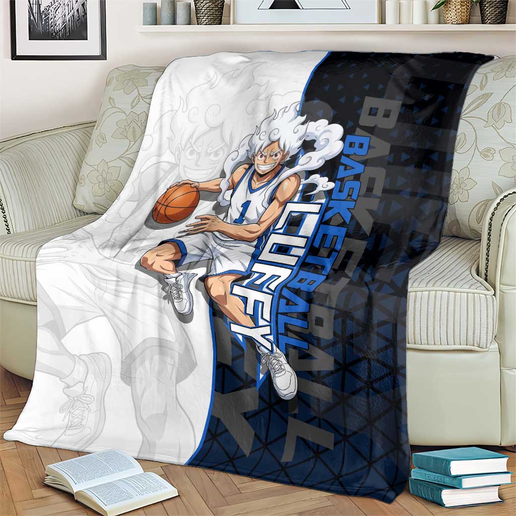 Luffy Gear 5 One Piece Basketball Theme White and Black Design Blanket with Straw Hat Emblem and Dynamic Action Pose - The Mazicc