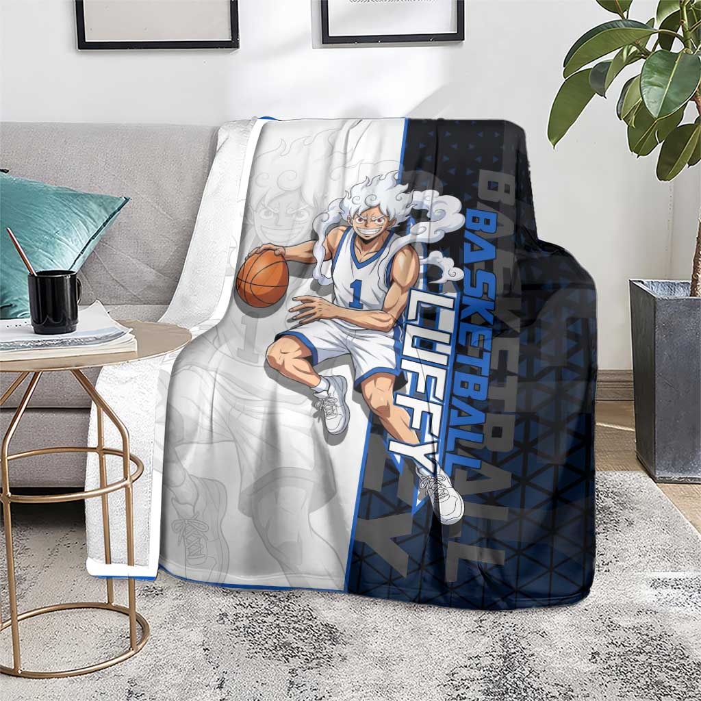 Luffy Gear 5 One Piece Basketball Theme White and Black Design Blanket with Straw Hat Emblem and Dynamic Action Pose - The Mazicc