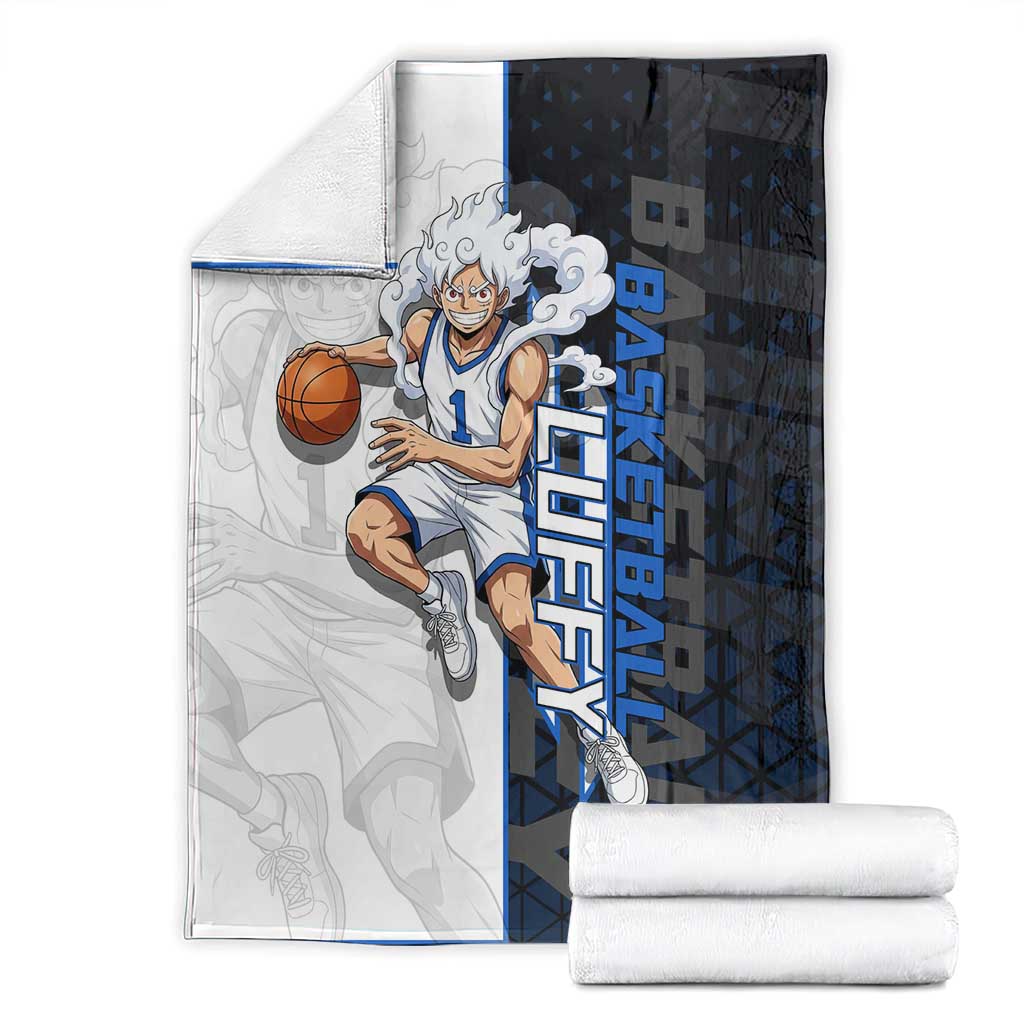 Luffy Gear 5 One Piece Basketball Theme White and Black Design Blanket with Straw Hat Emblem and Dynamic Action Pose - The Mazicc