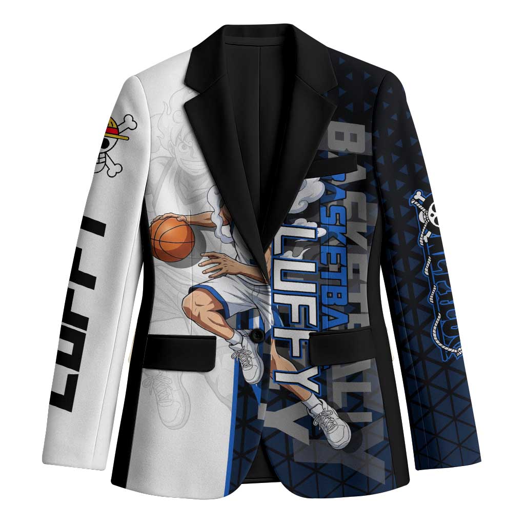 Luffy Gear 5 One Piece Basketball Theme White and Black Design Blazer with Straw Hat Emblem and Dynamic Action Pose - The Mazicc