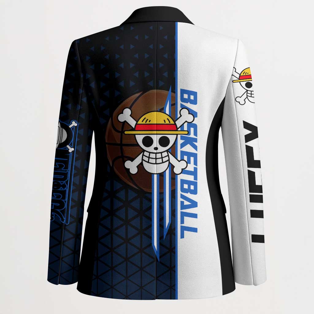 Luffy Gear 5 One Piece Basketball Theme White and Black Design Blazer with Straw Hat Emblem and Dynamic Action Pose - The Mazicc