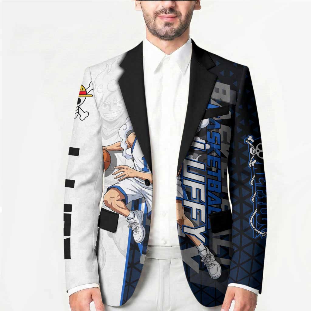 Luffy Gear 5 One Piece Basketball Theme White and Black Design Blazer with Straw Hat Emblem and Dynamic Action Pose - The Mazicc