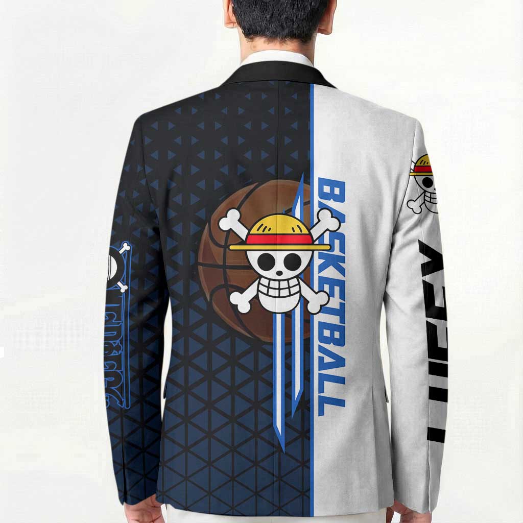 Luffy Gear 5 One Piece Basketball Theme White and Black Design Blazer with Straw Hat Emblem and Dynamic Action Pose - The Mazicc