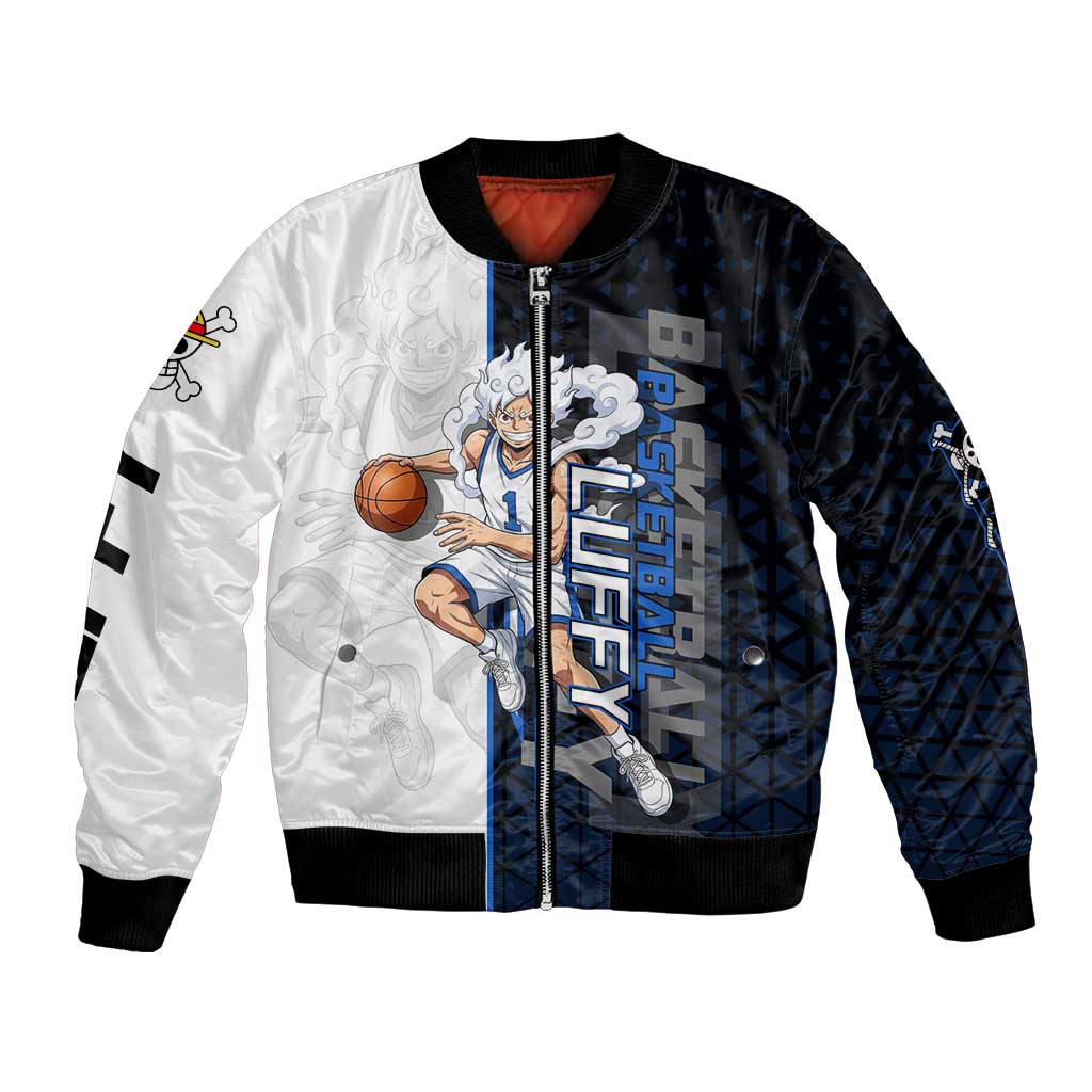 Luffy Gear 5 One Piece Basketball Theme White and Black Design Bomber Jacket with Straw Hat Emblem and Dynamic Action Pose - The Mazicc