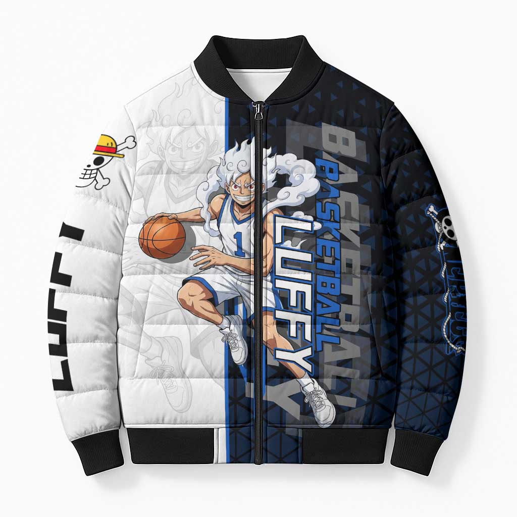 Luffy Gear 5 One Piece Basketball Theme White and Black Design Bomber Puffer Jacket with Straw Hat Emblem and Dynamic Action Pose - The Mazicc