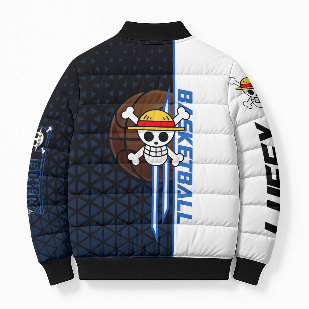 Luffy Gear 5 One Piece Basketball Theme White and Black Design Bomber Puffer Jacket with Straw Hat Emblem and Dynamic Action Pose - The Mazicc