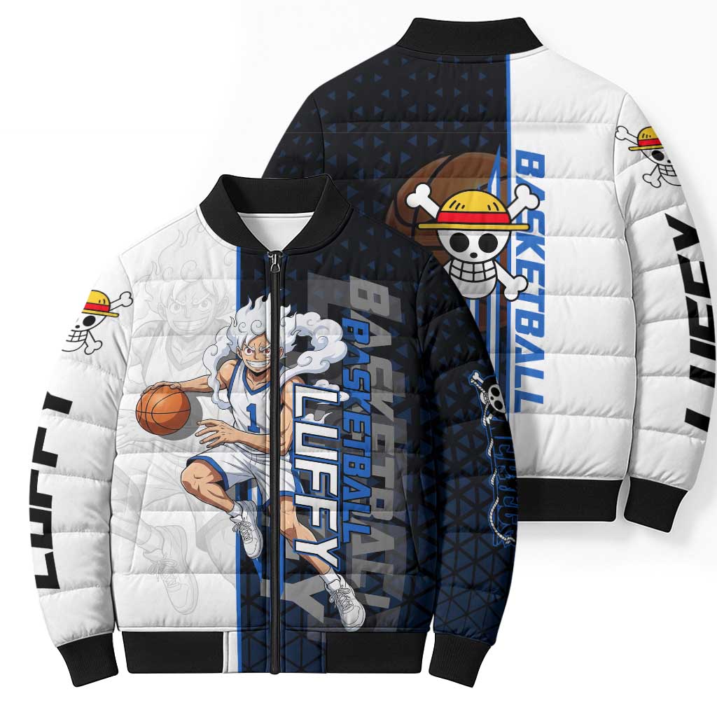 Luffy Gear 5 One Piece Basketball Theme White and Black Design Bomber Puffer Jacket with Straw Hat Emblem and Dynamic Action Pose - The Mazicc