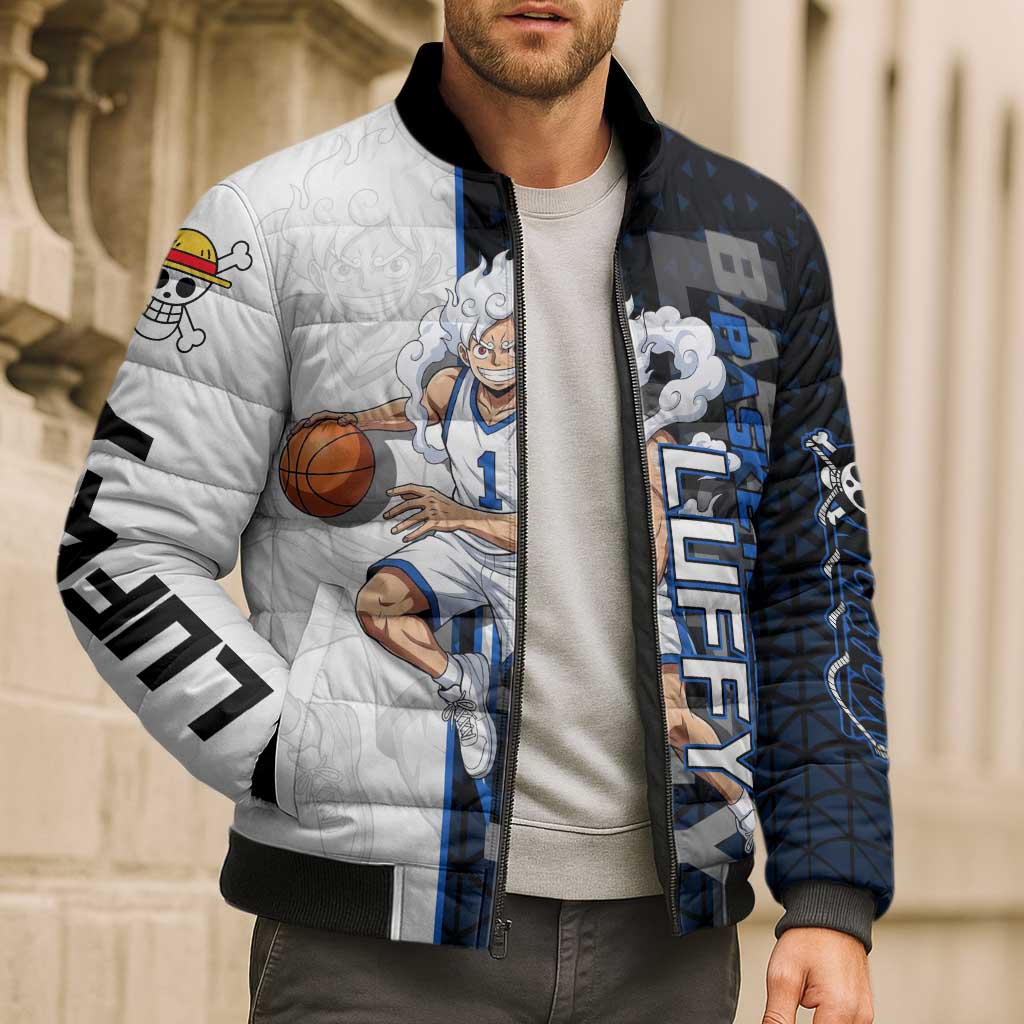 Luffy Gear 5 One Piece Basketball Theme White and Black Design Bomber Puffer Jacket with Straw Hat Emblem and Dynamic Action Pose - The Mazicc