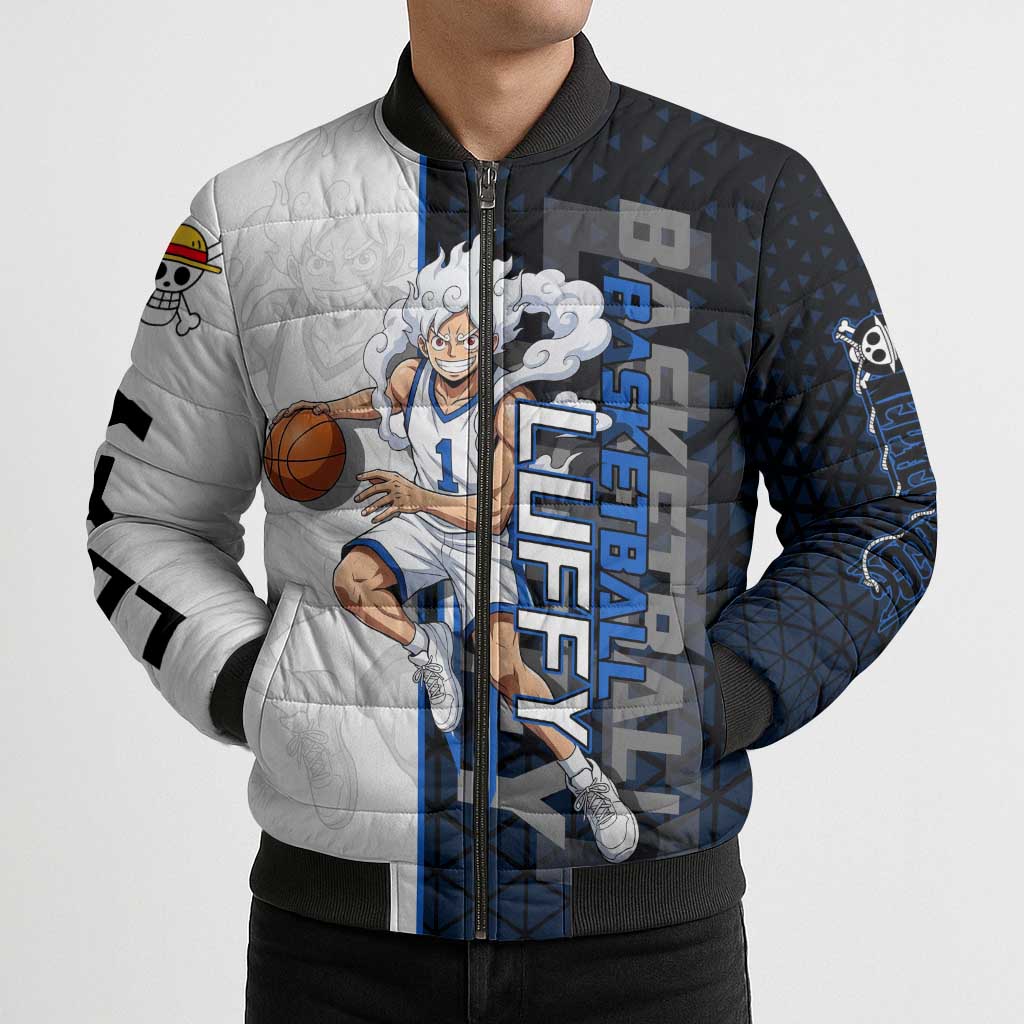Luffy Gear 5 One Piece Basketball Theme White and Black Design Bomber Puffer Jacket with Straw Hat Emblem and Dynamic Action Pose - The Mazicc