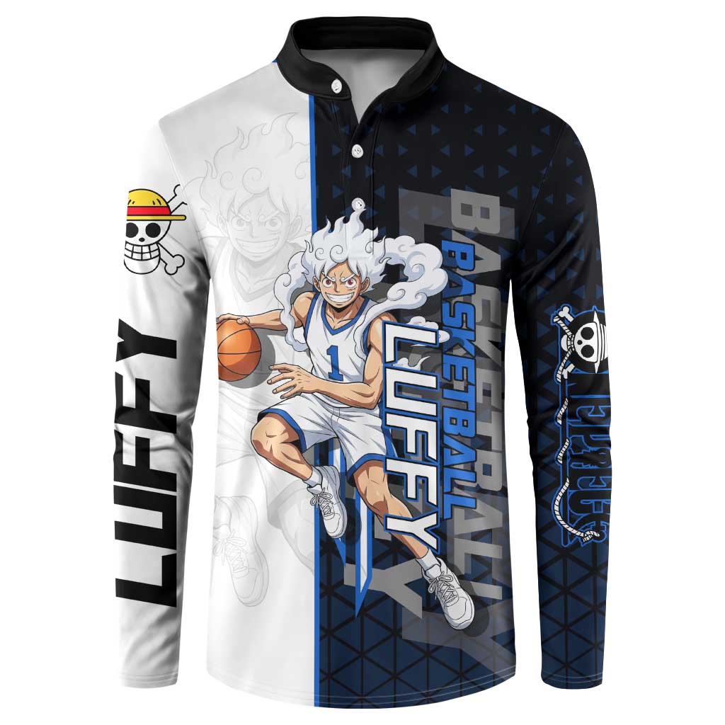 Luffy Gear 5 One Piece Basketball Theme White and Black Design Button Sweatshirt with Straw Hat Emblem and Dynamic Action Pose - The Mazicc