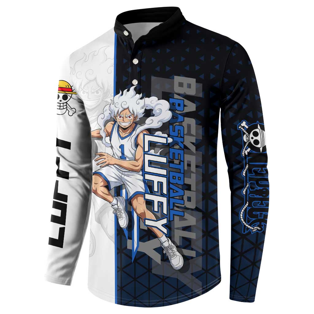 Luffy Gear 5 One Piece Basketball Theme White and Black Design Button Sweatshirt with Straw Hat Emblem and Dynamic Action Pose - The Mazicc