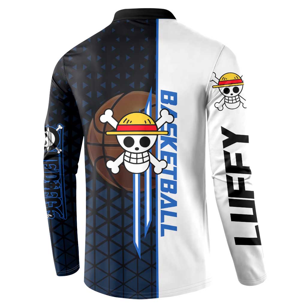 Luffy Gear 5 One Piece Basketball Theme White and Black Design Button Sweatshirt with Straw Hat Emblem and Dynamic Action Pose - The Mazicc