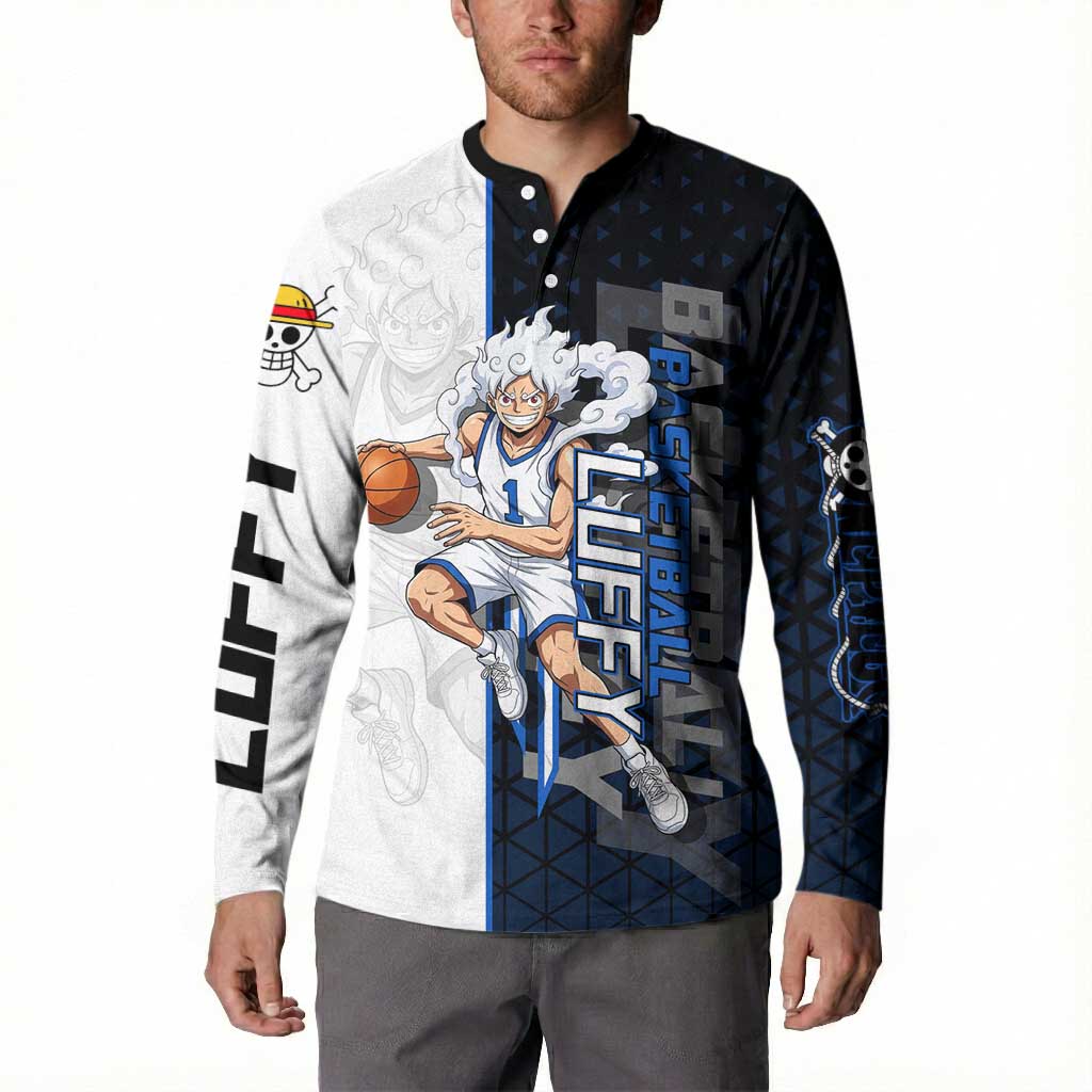 Luffy Gear 5 One Piece Basketball Theme White and Black Design Button Sweatshirt with Straw Hat Emblem and Dynamic Action Pose - The Mazicc