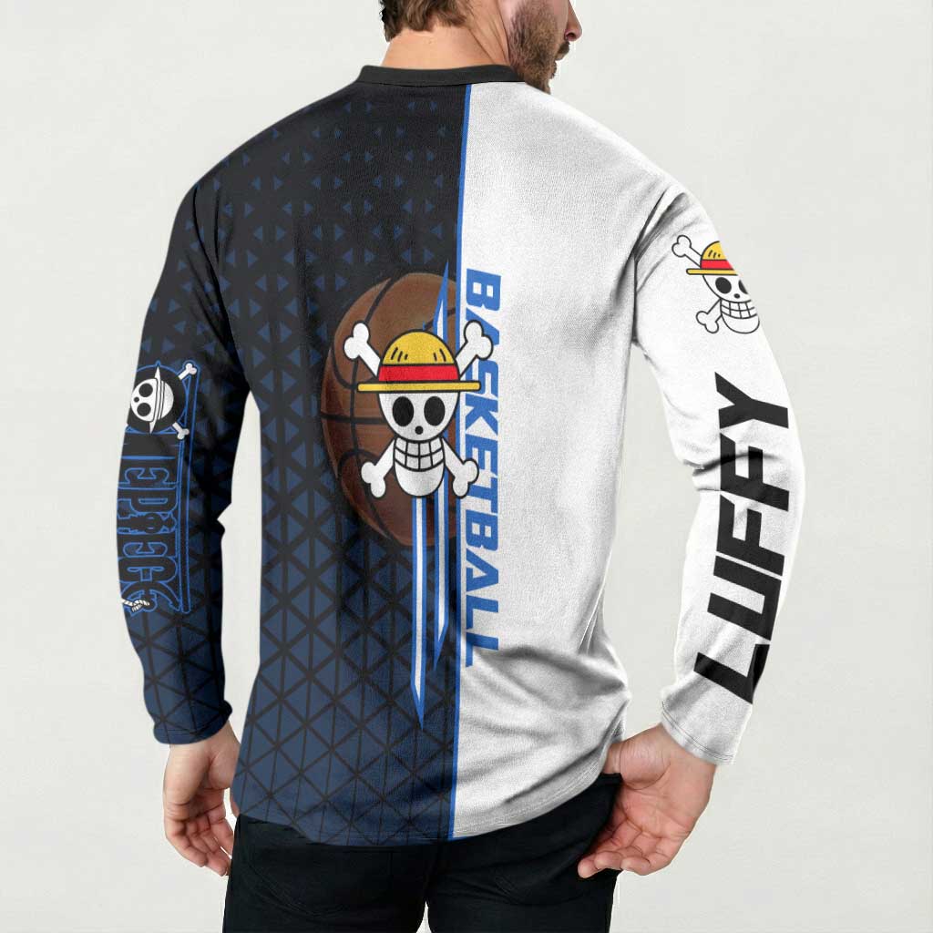Luffy Gear 5 One Piece Basketball Theme White and Black Design Button Sweatshirt with Straw Hat Emblem and Dynamic Action Pose - The Mazicc