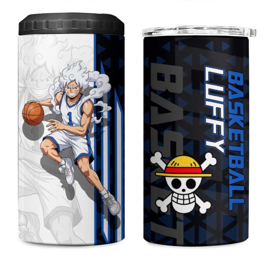 Luffy Gear 5 One Piece Basketball Theme White and Black Design 4 in 1 Can Cooler Tumbler with Straw Hat Emblem and Dynamic Action Pose - The Mazicc
