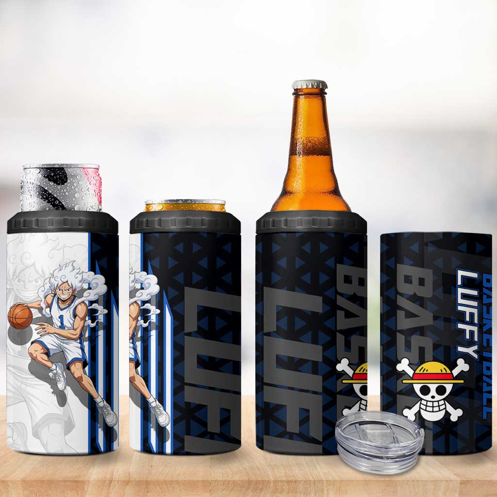 Luffy Gear 5 One Piece Basketball Theme White and Black Design 4 in 1 Can Cooler Tumbler with Straw Hat Emblem and Dynamic Action Pose - The Mazicc