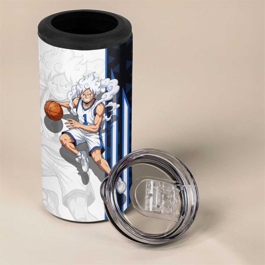 Luffy Gear 5 One Piece Basketball Theme White and Black Design 4 in 1 Can Cooler Tumbler with Straw Hat Emblem and Dynamic Action Pose - The Mazicc