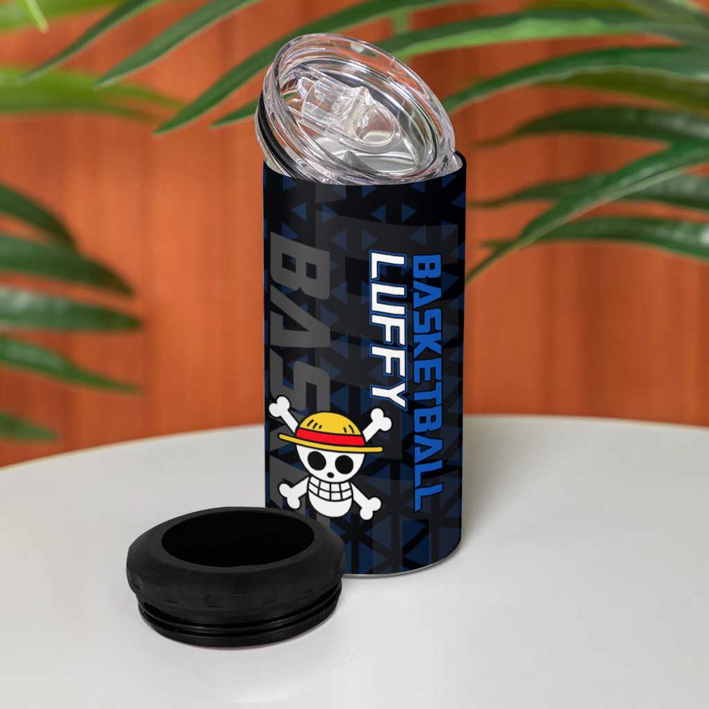Luffy Gear 5 One Piece Basketball Theme White and Black Design 4 in 1 Can Cooler Tumbler with Straw Hat Emblem and Dynamic Action Pose - The Mazicc