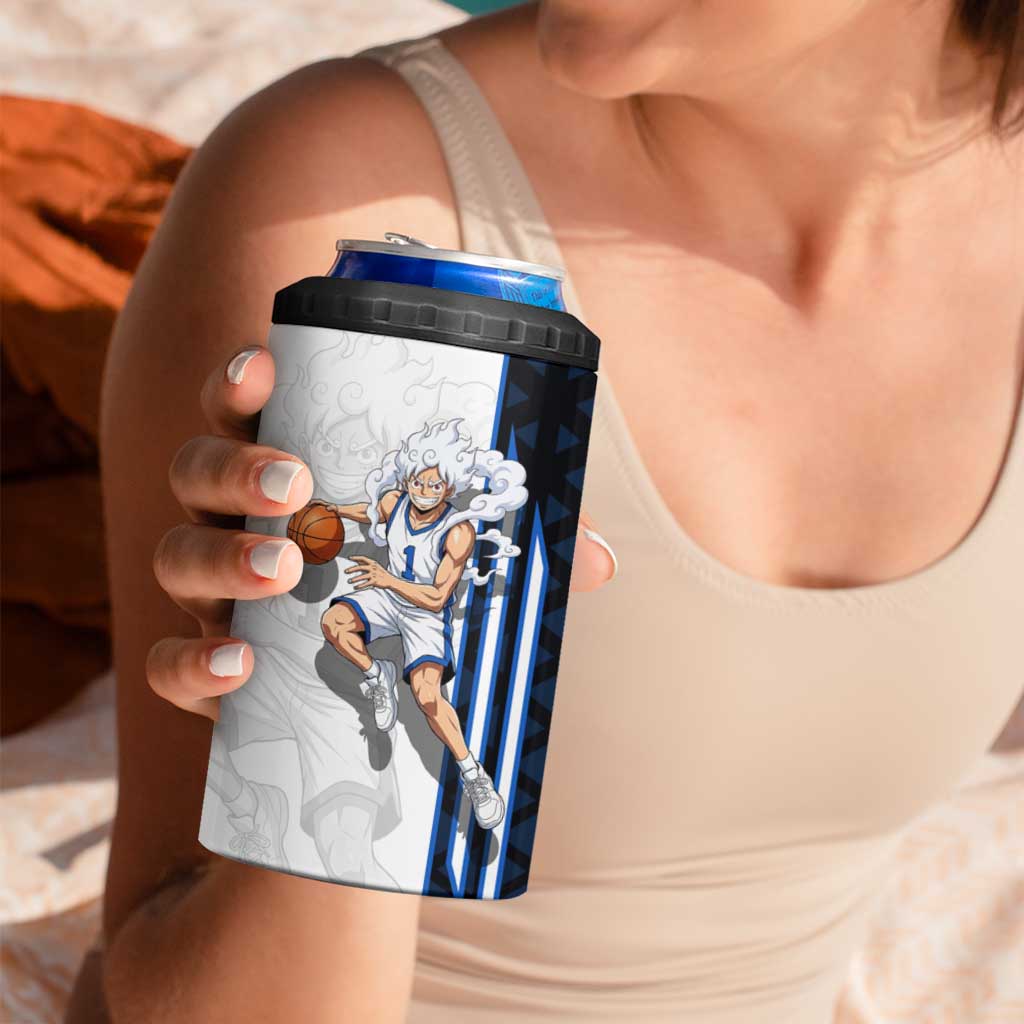 Luffy Gear 5 One Piece Basketball Theme White and Black Design 4 in 1 Can Cooler Tumbler with Straw Hat Emblem and Dynamic Action Pose - The Mazicc