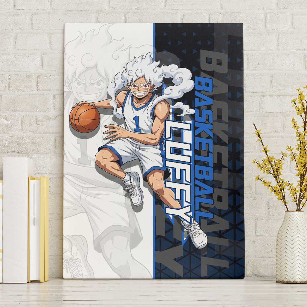 Luffy Gear 5 One Piece Basketball Theme White and Black Design Canvas Wall Art with Straw Hat Emblem and Dynamic Action Pose - The Mazicc