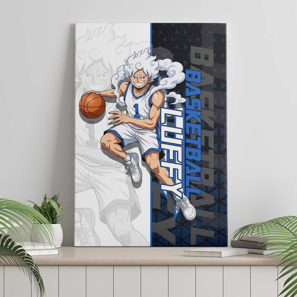 Luffy Gear 5 One Piece Basketball Theme White and Black Design Canvas Wall Art with Straw Hat Emblem and Dynamic Action Pose - The Mazicc