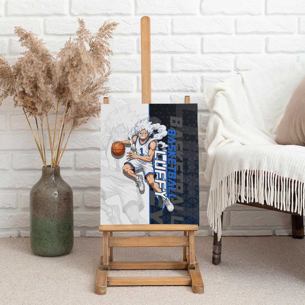 Luffy Gear 5 One Piece Basketball Theme White and Black Design Canvas Wall Art with Straw Hat Emblem and Dynamic Action Pose - The Mazicc