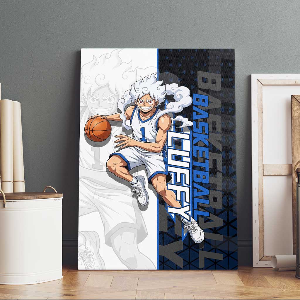Luffy Gear 5 One Piece Basketball Theme White and Black Design Canvas Wall Art with Straw Hat Emblem and Dynamic Action Pose - The Mazicc